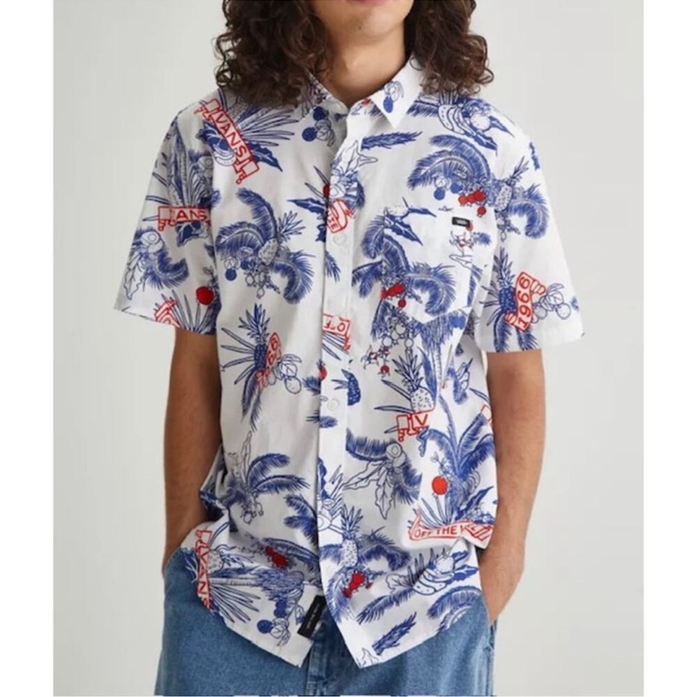 Vans White Blue Red Graphic Print Button Up Shirt Classic Fit Size L